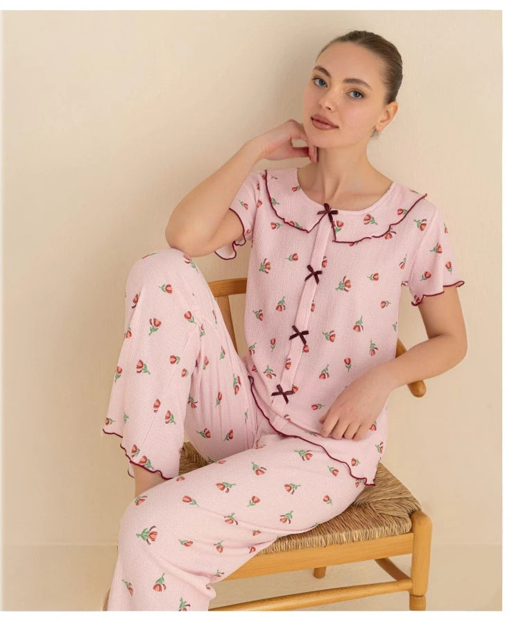 Kadın Kısa Kol Kurdelelı Pijama Takımı