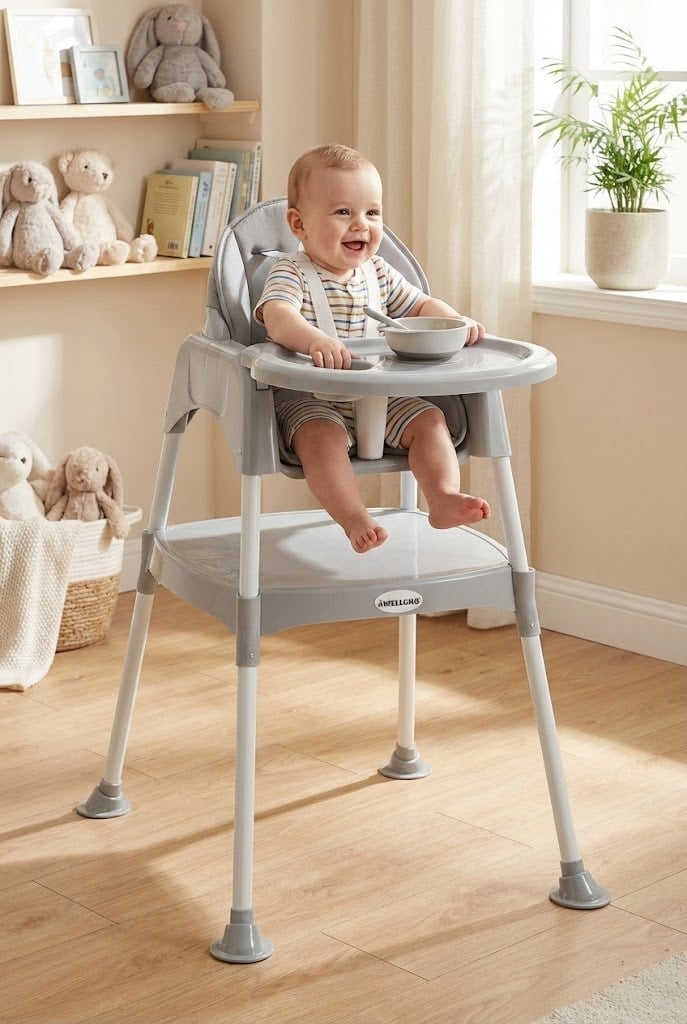 Wellgro Pretty 3 in 1 Mama Sandalyesi ve Çalışma Masası – Minderli, Metal Pimli, Gri
