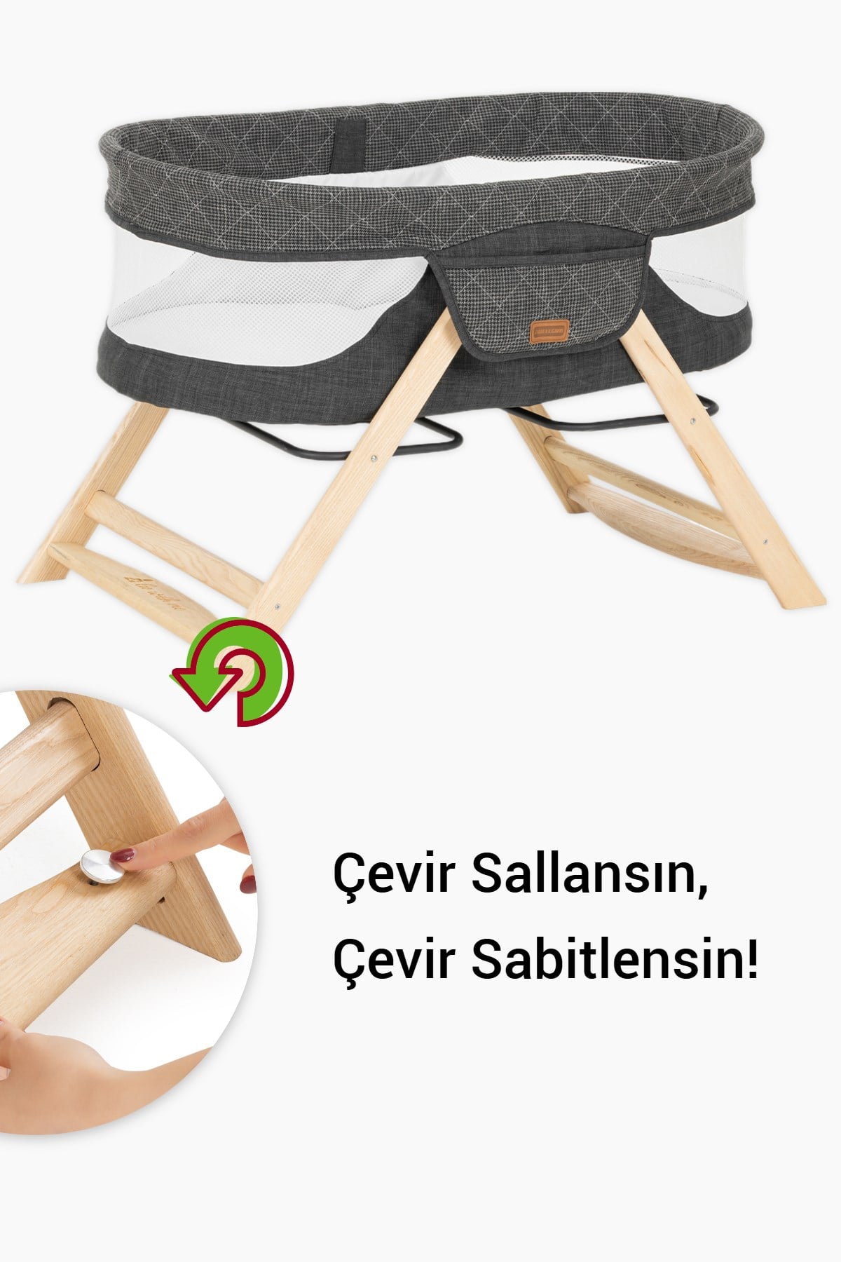 Wellgro Go with Me Anne Yanı Katlanır Ahşap Beşik – Gri | Portatif Bebek Beşiği