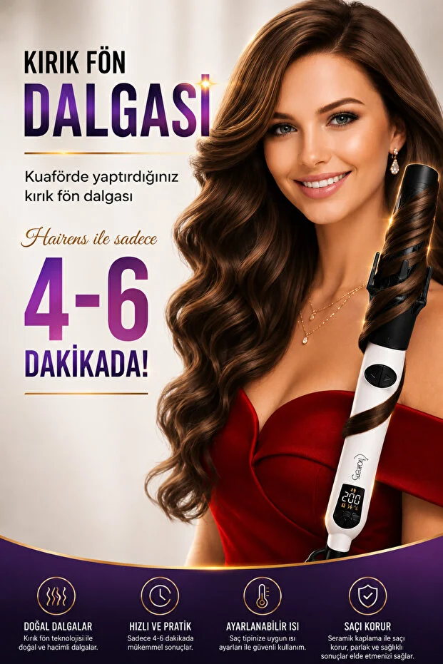 Hairens HRS-430 Otomatik Saç Maşası | 32mm Kalın Su Dalgası | Seramik | Beyaz