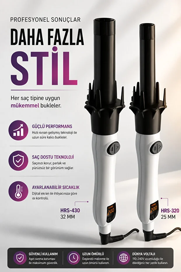 Hairens HRS-430 Otomatik Saç Maşası | 32mm Kalın Su Dalgası | Seramik | Beyaz
